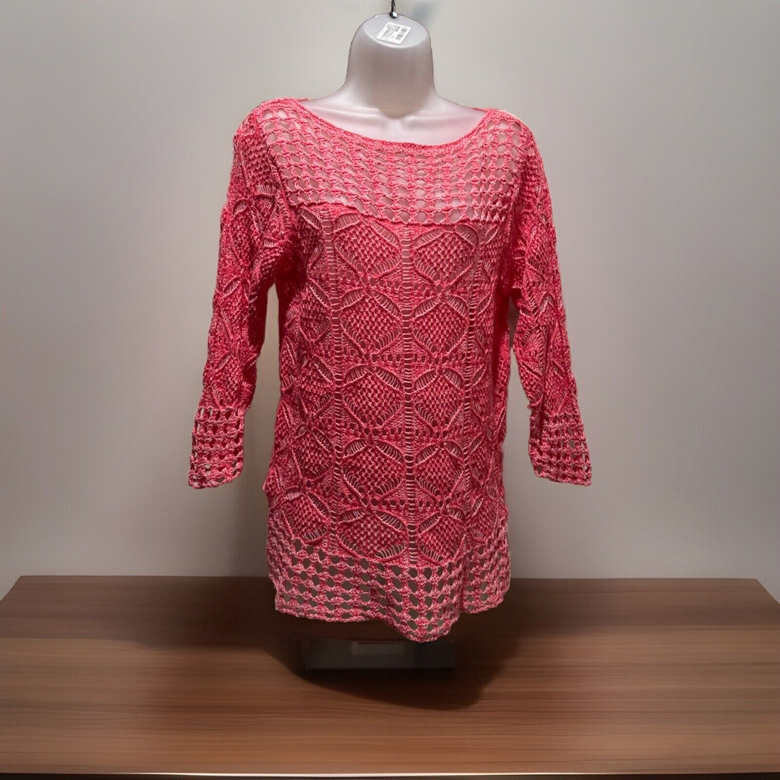 Jeanne Pierre Womens Sz L Coral/Pink Crochet Tunic Sweater 3/4 Sleeves